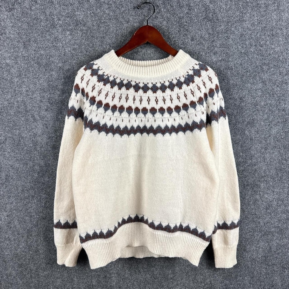 Fair Isle Nordic Knit Sweater Cream Gray Tan Cozy Grandmacore Preppy Womens